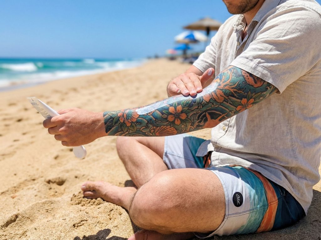Person with colourful sleeve tattoo applying sunscreen on a sunny beach day
