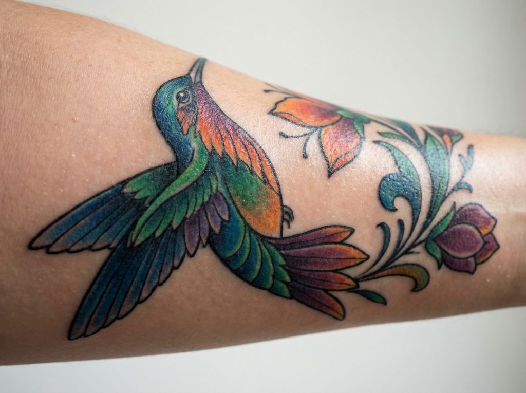 Properly healed colorful tattoo demonstrating successful tattoo healing process on healthy skin