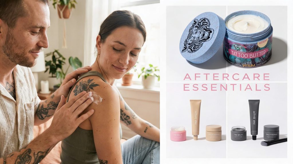 Partner applying aftercare lotion to fresh shoulder tattoo at home