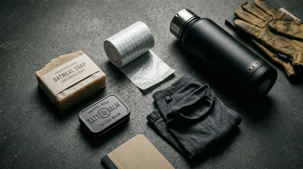 Tattoo aftercare essentials for tradespeople including tattoo balm, Saniderm wrap, SPF sleeve, and fragrance-free soap