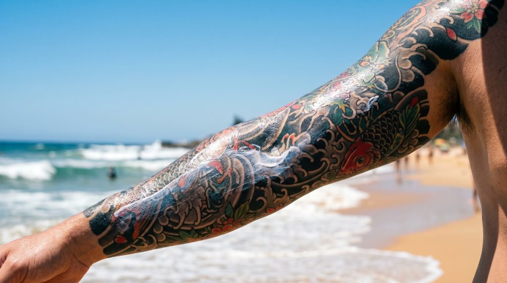 Tattooed sleeve with SPF sunscreen applied on sunny beach — seasonal tattoo sun care