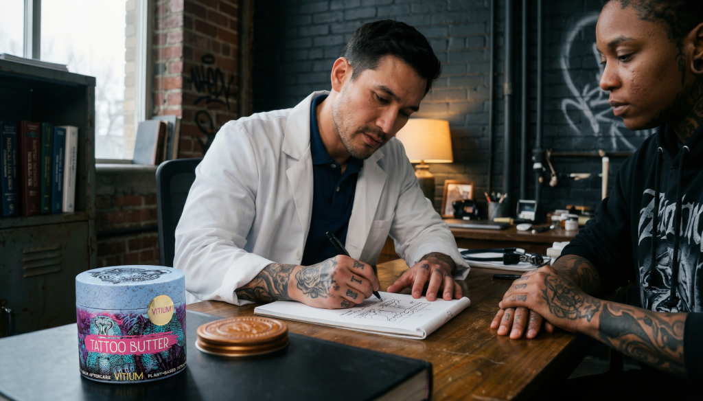Doctor consulting patient about tattoo safety and medical conditions before getting inked