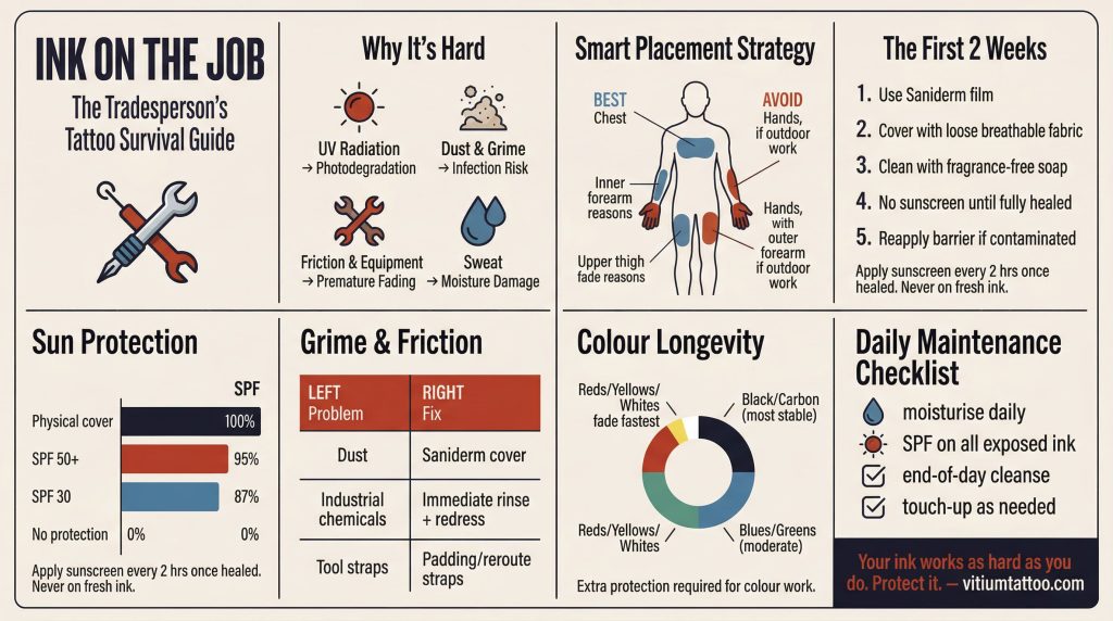 Infographic: tattoo care guide for tradespeople covering placement, healing, sun protection, and long-term maintenance