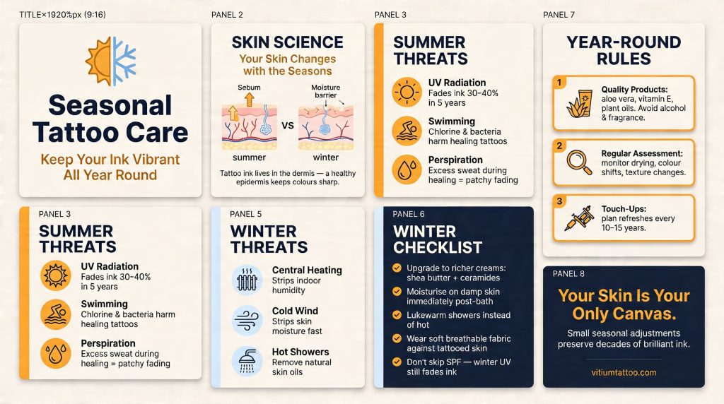 Seasonal tattoo care infographic — summer sun protection and winter moisturising tips to keep ink vibrant year-round