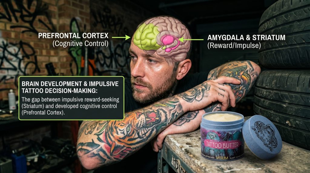 Brain diagram showing prefrontal cortex development and impulsive tattoo decision-making