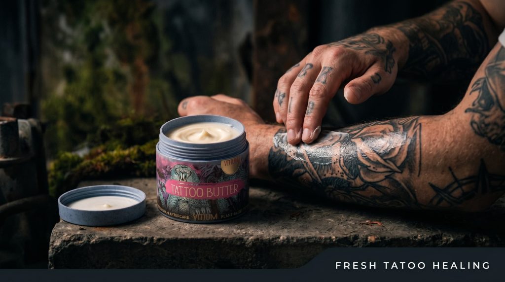 Close-up of tattoo aftercare balm on fresh tattoo for healing and protection in demanding work environments