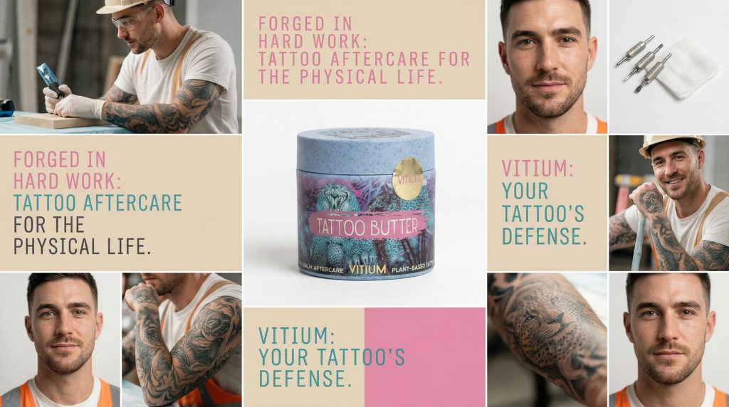 Construction worker with full sleeve tattoo on job site — tattoo care challenges in physical labor