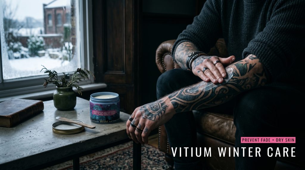 Tattooed arm moisturised in winter to prevent dry skin and ink fading — seasonal tattoo care