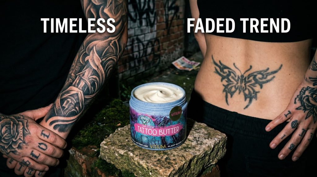 Timeless black-grey tattoo sleeve vs faded trend-driven lower back tattoo — design longevity comparison