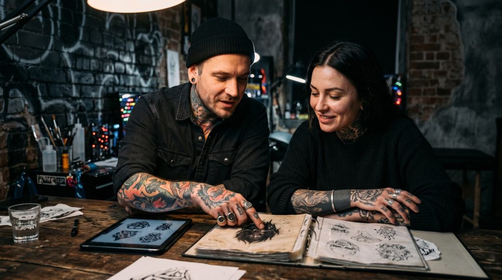 Tattoo artist and client reviewing design references during consultation