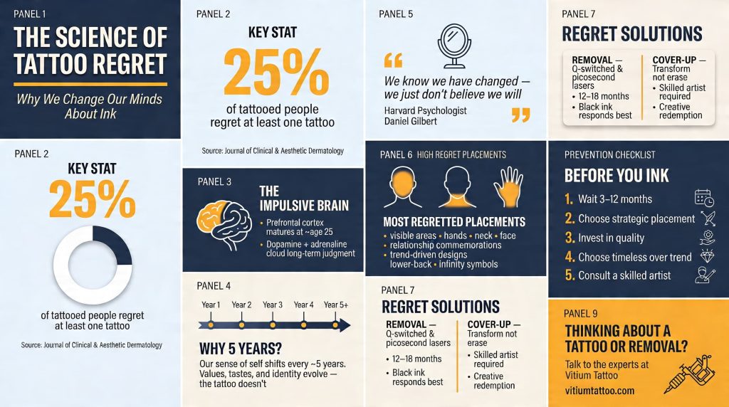 Tattoo regret science infographic — causes, 5-year phenomenon, placement risks and removal solutions