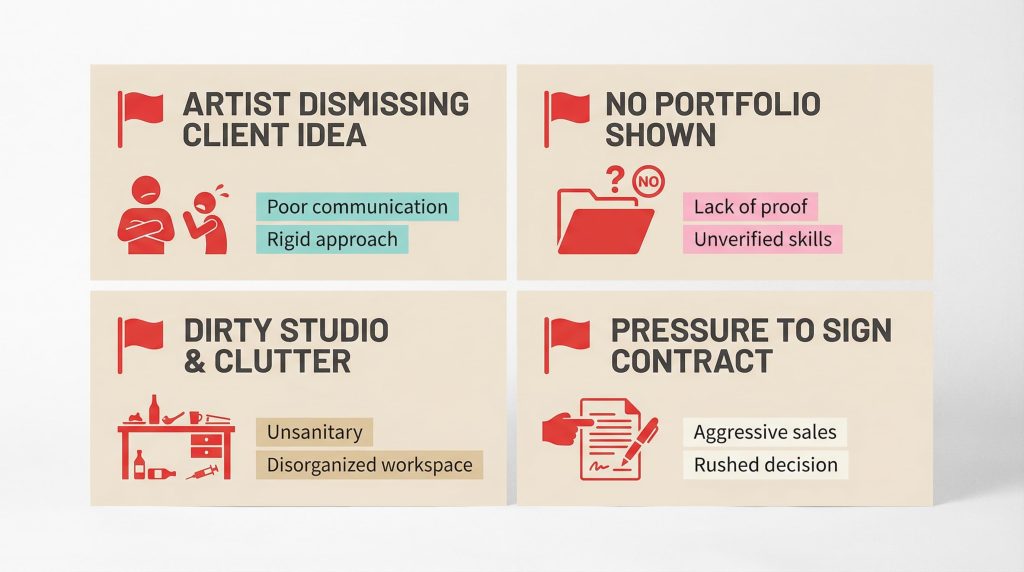 Infographic showing 4 tattoo artist red flags including dismissiveness, no portfolio, poor hygiene, and pressure tactics