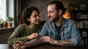Couple in intimate moment tracing forearm tattoo in warm editorial light