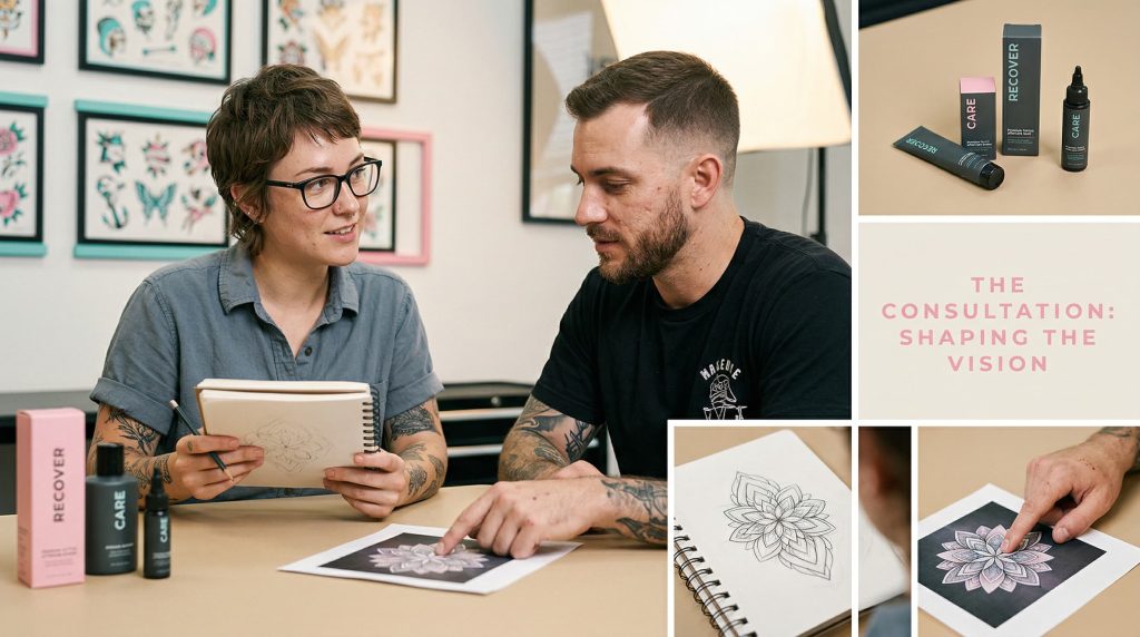 Tattoo artist and client in face-to-face consultation reviewing reference images at professional tattoo studio