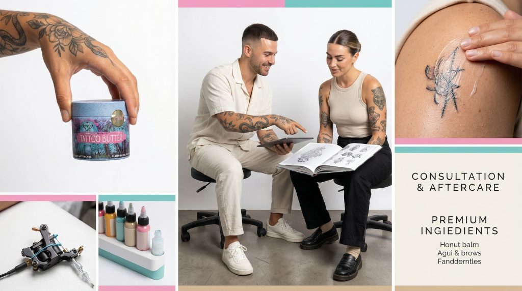 Tattoo artist and client reviewing design references during consultation in professional studio