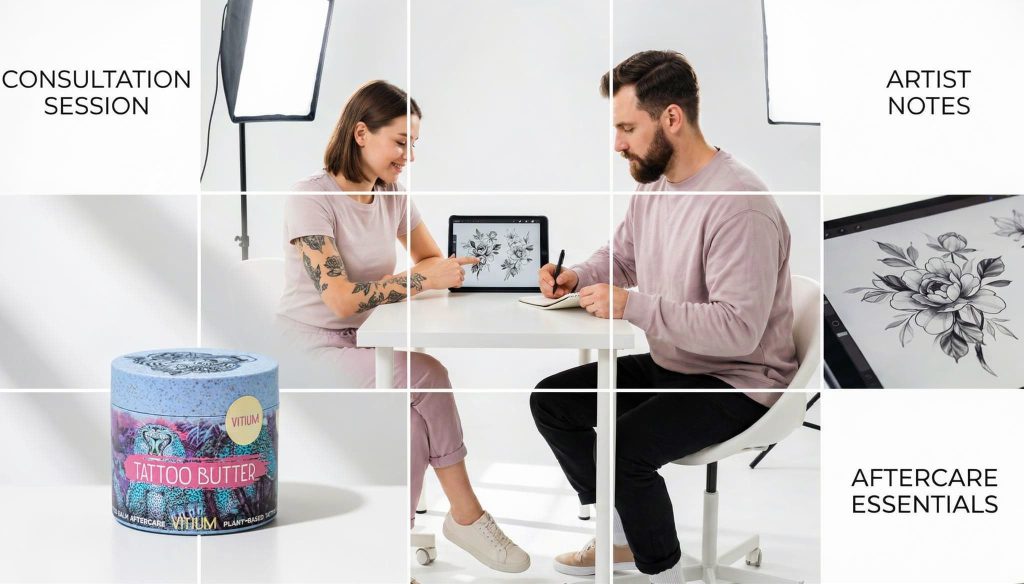 attoo artist engaged in professional consultation reviewing design with client