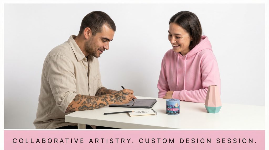 Tattoo artist sketching custom design during client session showing collaborative tattoo process