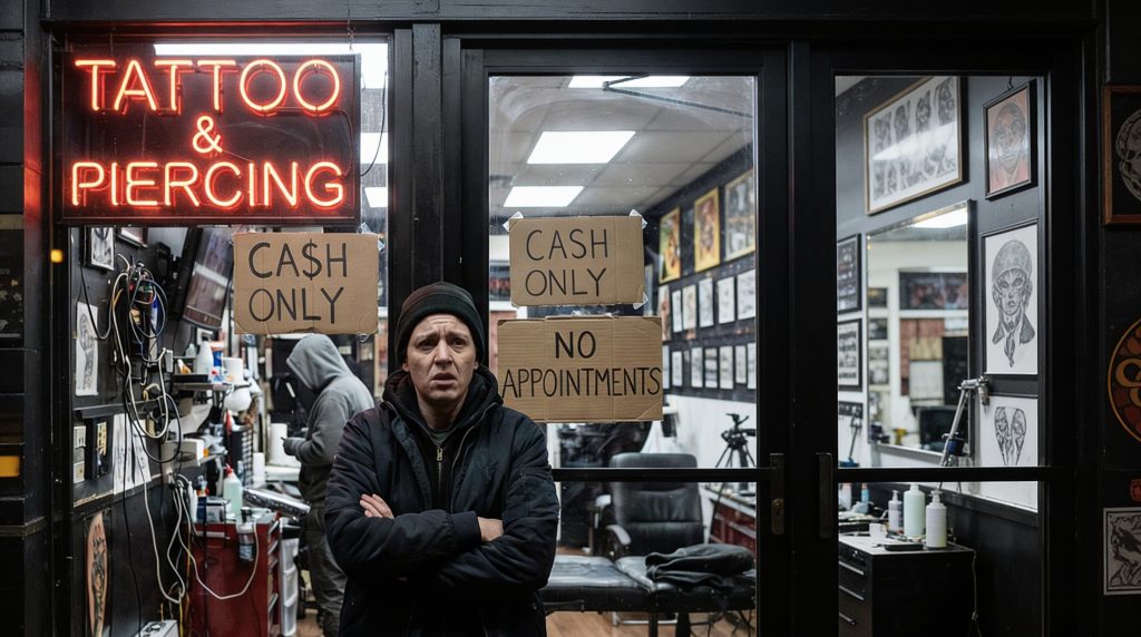 Person hesitating at entrance of unprofessional tattoo studio showing visible red flags