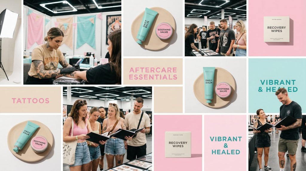 Crowded tattoo convention floor with artists tattooing clients at booths and visitors browsing portfolios