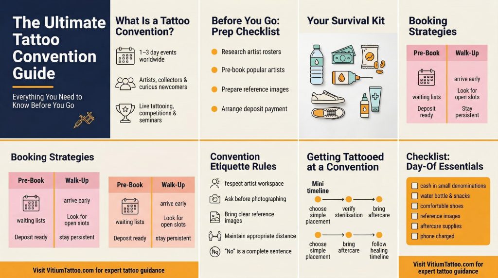 Infographic: Ultimate Tattoo Convention Guide covering preparation, etiquette, survival kit, and aftercare tips