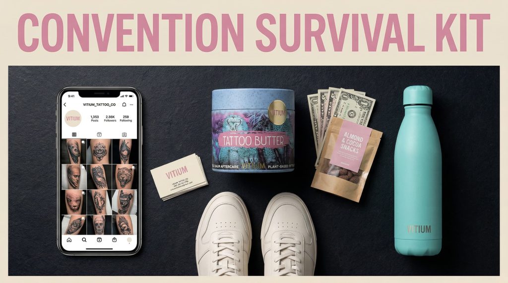 Flat-lay of tattoo convention essentials including water bottle, snacks, cash, and comfortable shoes