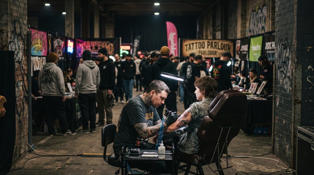 Busy tattoo convention floor with artists tattooing clients at booths while visitors browse portfolios
