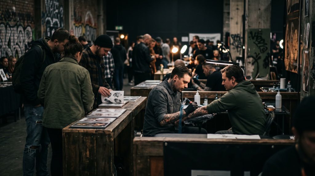 Tattoo artist creating detailed custom tattoo on client at convention booth with spectators watching