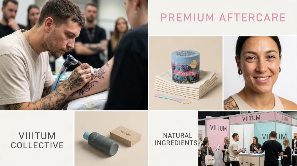 Tattoo artist creating detailed custom tattoo on client at convention booth with spectators watching