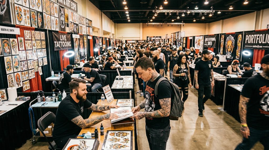 Vibrant tattoo convention hall with artist booths, flash sheet displays, and tattooed attendees browsing artist portfolios